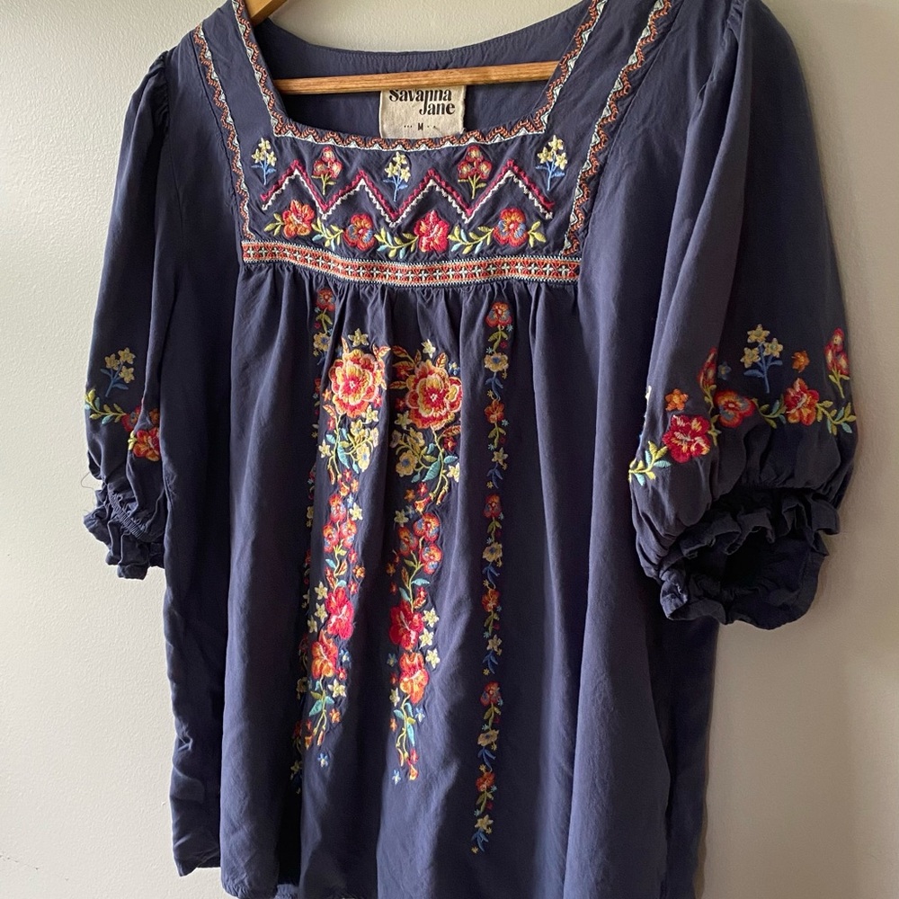 Savanna Jane Blue Orange Embellished 3/4 Sleeve Blouse